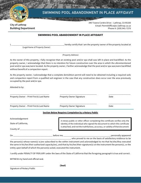 First page of the Swimming Pool Abandonment In Place Affidavit