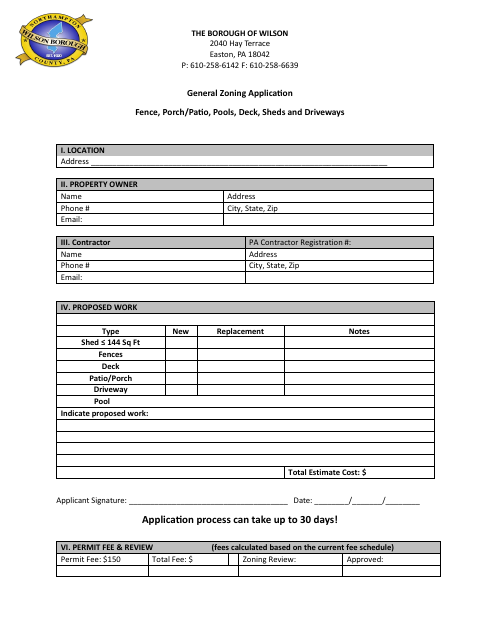 First page of the General Zoning Application for Fences, Porches, Patios, Pools, Decks, Sheds and Driveways