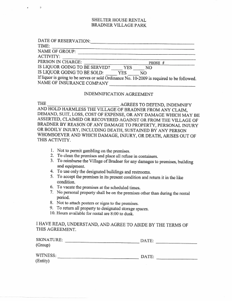 First page of the Shelter House Rental Form