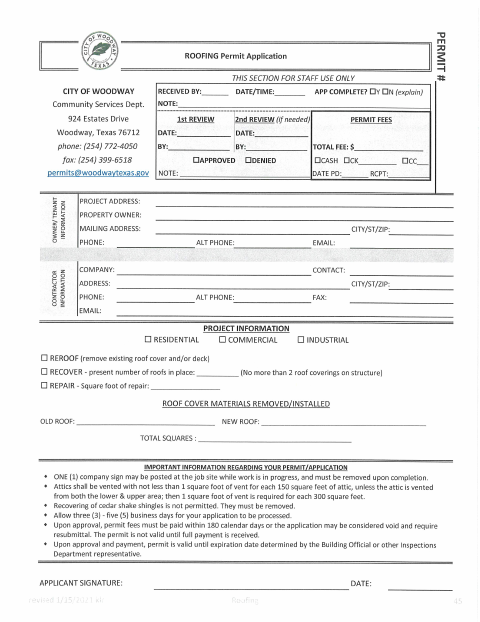 First page of the Roofing Permit Application