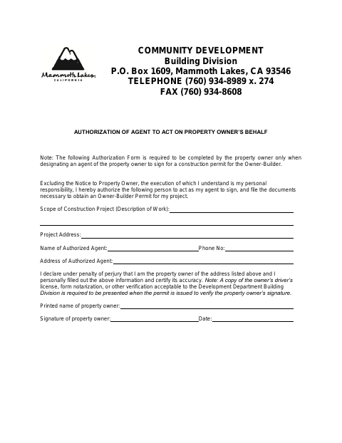 First page of the Owner/Builder Authorized Agent