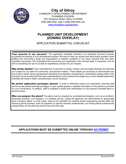 First page of the Planned Unit Development (Zoning Overlay) Application Submittal Checklist