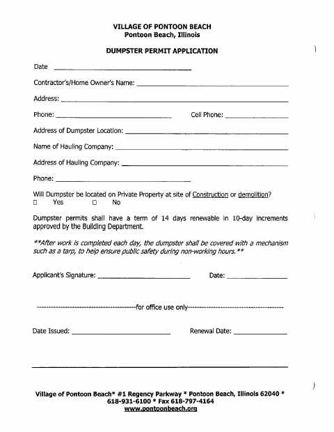 First page of the Dumpster Permit Application