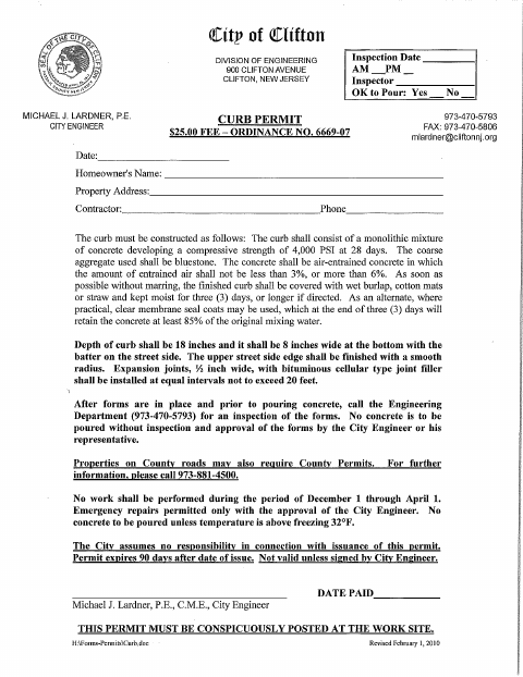 First page of the Curb Permit Application