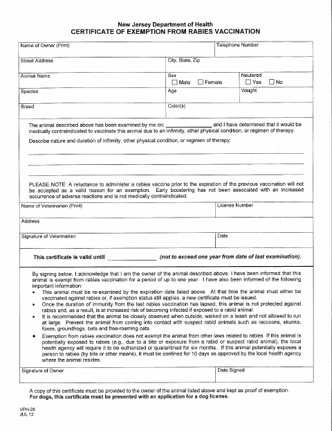 First page of the Rabies Vaccination Exemption Certificate