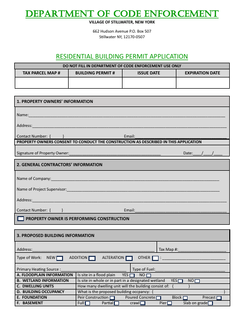 First page of the Residential Building Permit Application