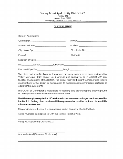 First page of the Driveway Permit