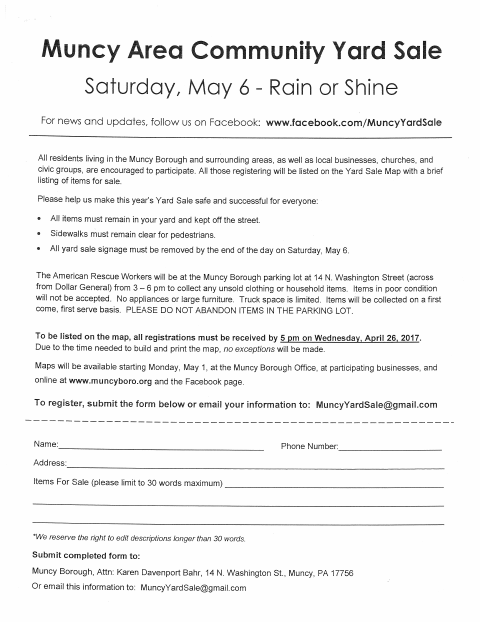 First page of the Muncy Area Community Yard Sale Registration Form 2017
