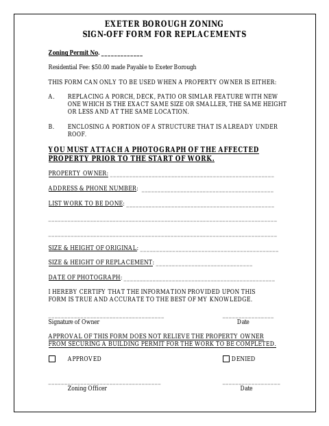 First page of the Zoning Sign-Off Form for Replacements