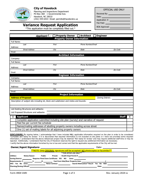 First page of the Variance Request Application