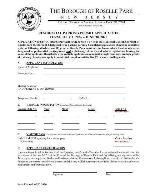 First page of the Residential Parking Permit Application