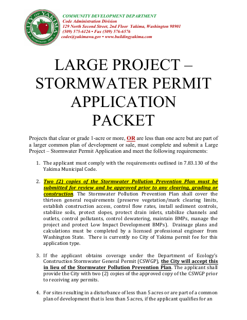 First page of the Large Project Stormwater Permit Application Packet