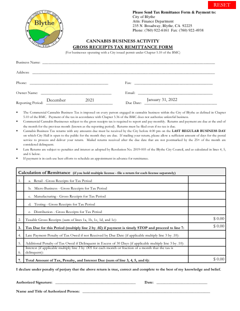 First page of the Cannabis Business Activity Gross Receipts Tax Remittance Form
