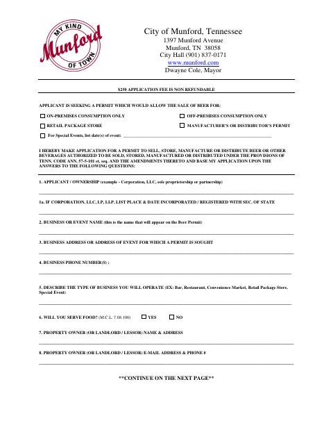 First page of the Beer and Alcohol Permit Application