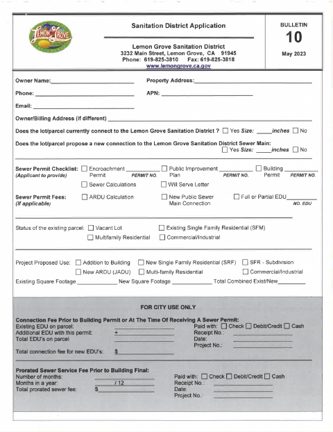 First page of the Sanitation District Application