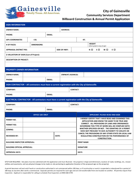 First page of the Billboard Construction & Annual Permit Application