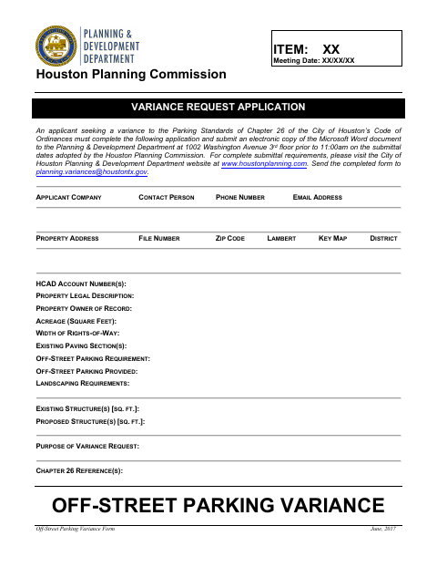 First page of the Off-Street Parking Variance Application