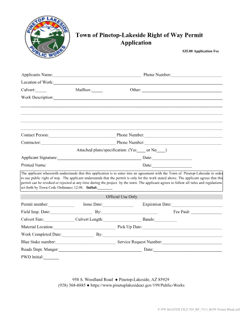 First page of the Right of Way Permit Application