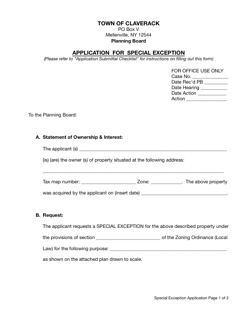First page of the Application for Special Exception