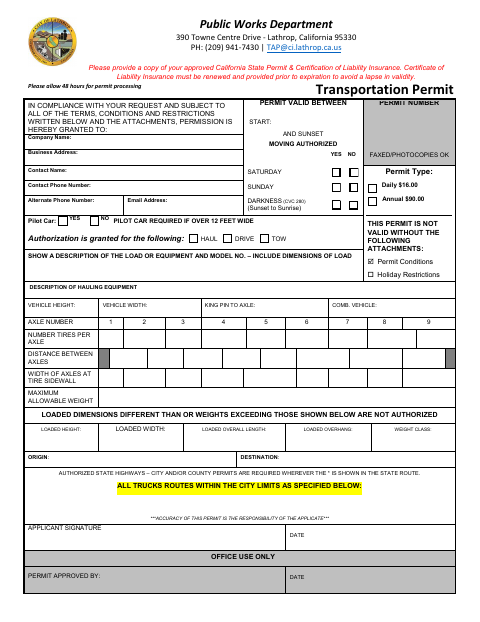First page of the Transportation Permit