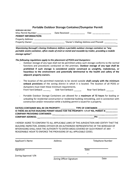 First page of the Portable Outdoor Storage Container/Dumpster Permit Application