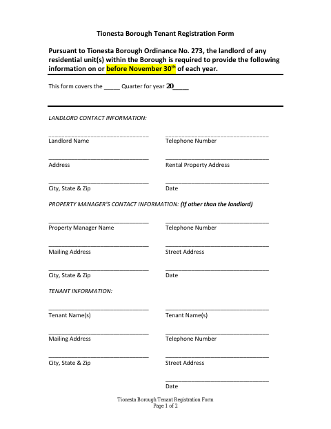 First page of the Tenant Registration Form