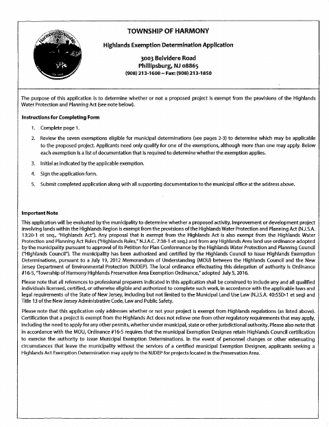 First page of the Highlands Exemption Determination Application