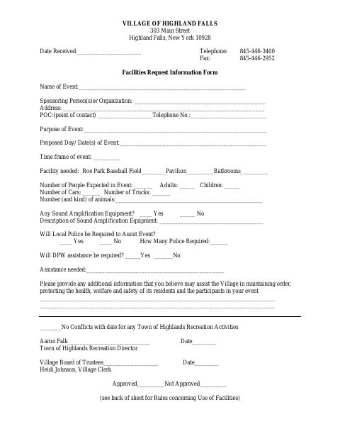 First page of the Facilities Request Information Form