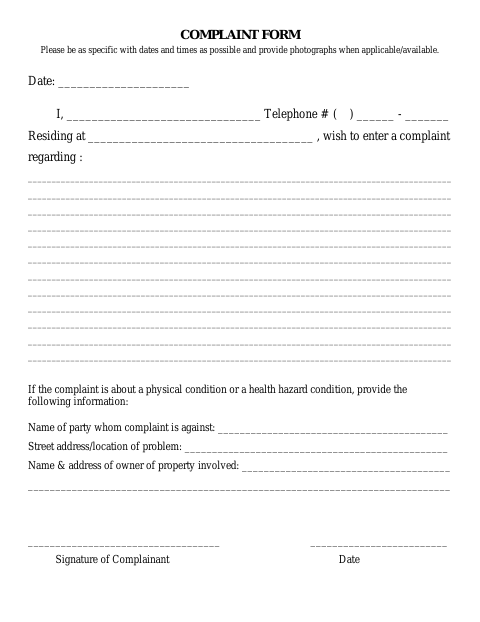 First page of the Complaint Form