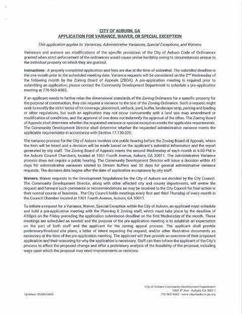 First page of the Variance, Waiver, or Special Exception Application