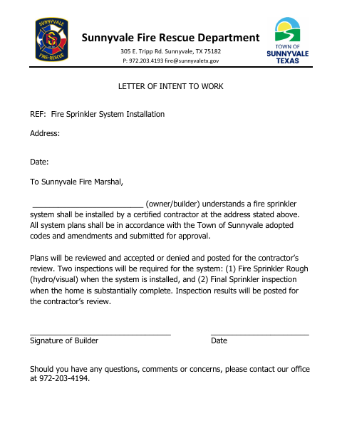First page of the Letter of Intent to Work – Residential Fire Sprinklers