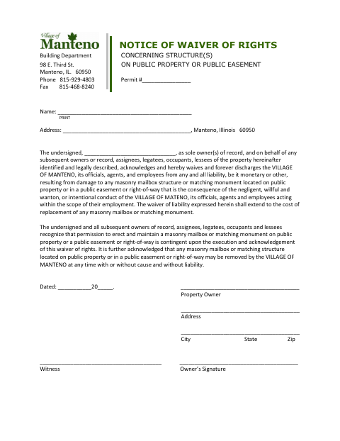 First page of the Notice of Waiver of Rights Concerning Structures on Public Property or Public Easement