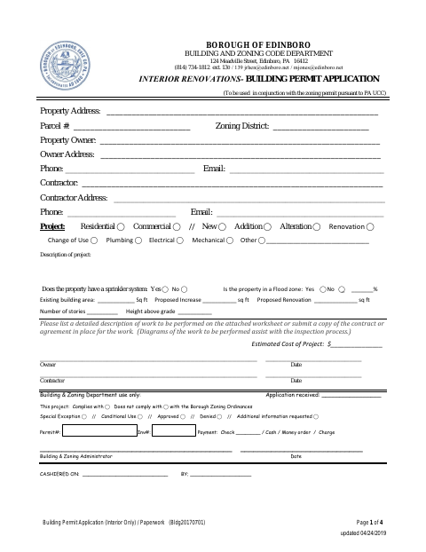 First page of the Interior Renovations Building Permit Application