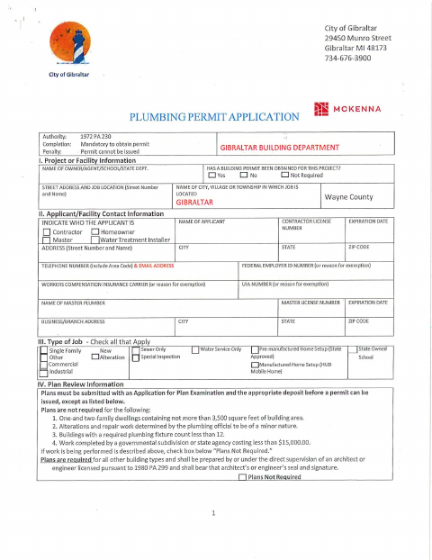 First page of the Plumbing Permit Application