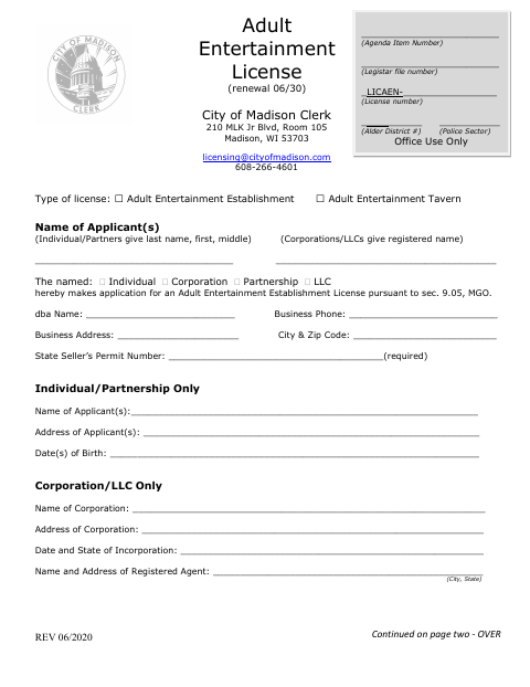 First page of the Adult Entertainment Establishment License Application