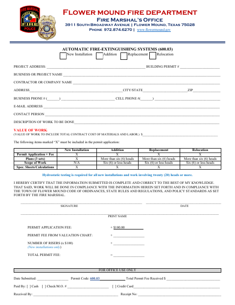First page of the Automatic Fire-Extinguishing Systems Permit Application