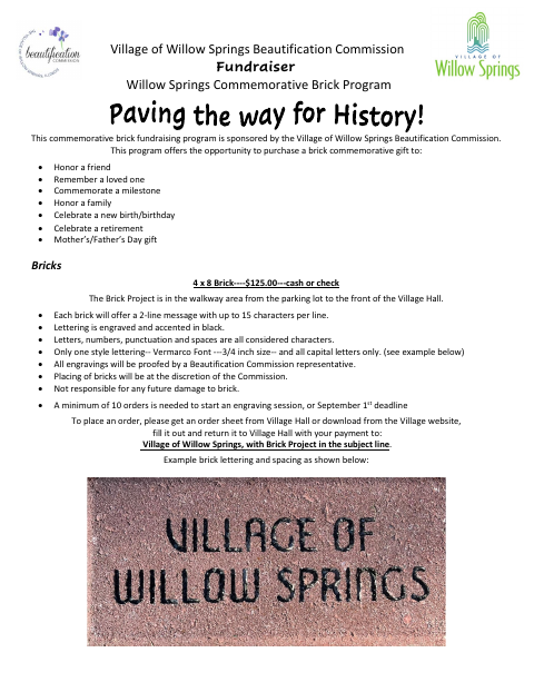 First page of the Commemorative Brick Program Order Form