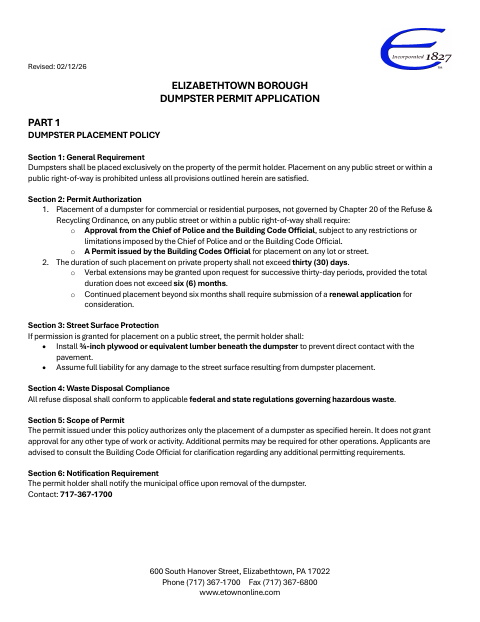 First page of the Dumpster Permit Application