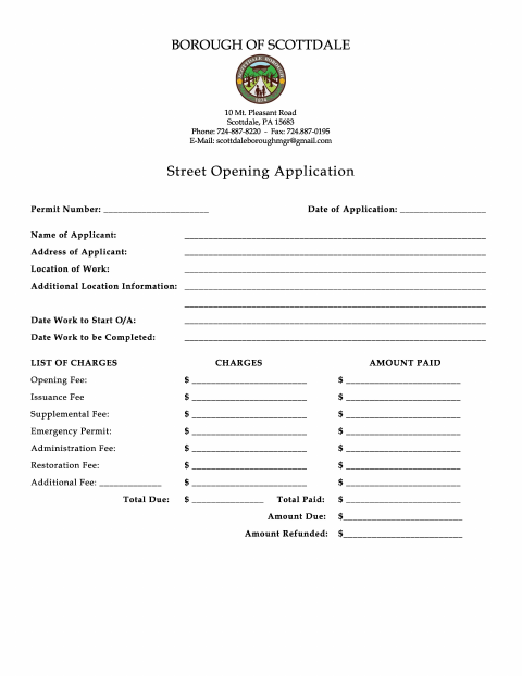 First page of the Street Opening Permit Application