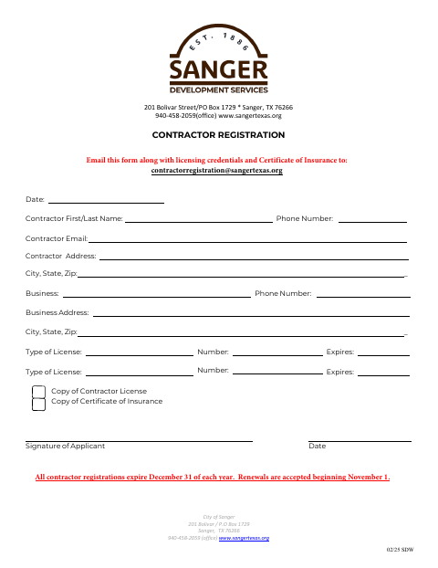 First page of the Contractor Registration