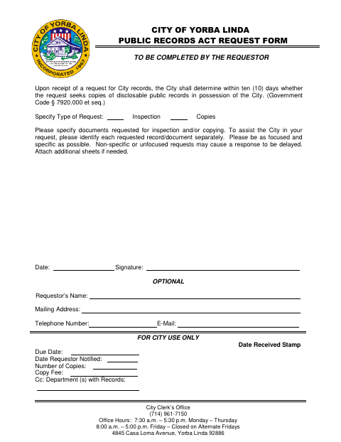 First page of the Public Records Act Request Form