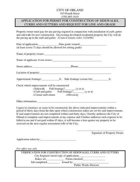 First page of the Application for Permit for Construction of Sidewalks, Curbs and Gutters and Request for Line and Grade