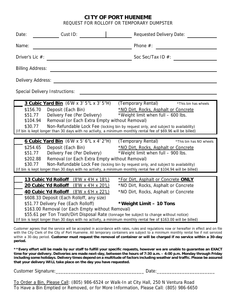 First page of the Request for Rolloff or Temporary Dumpster