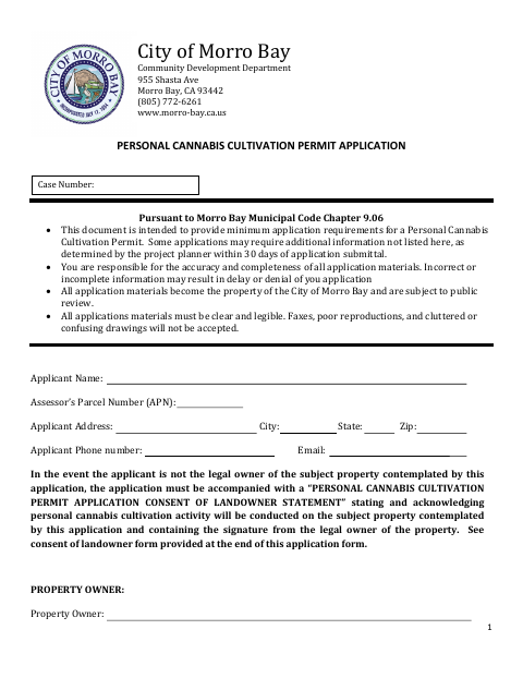 First page of the Personal Cannabis Cultivation Permit Application