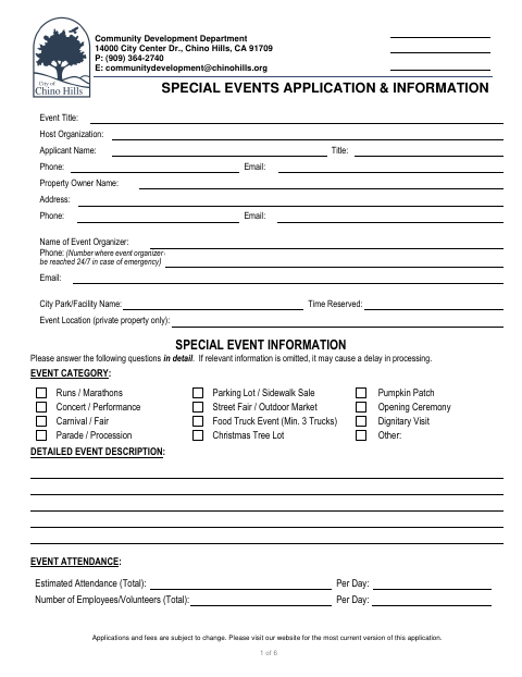 First page of the Special Events Application & Information