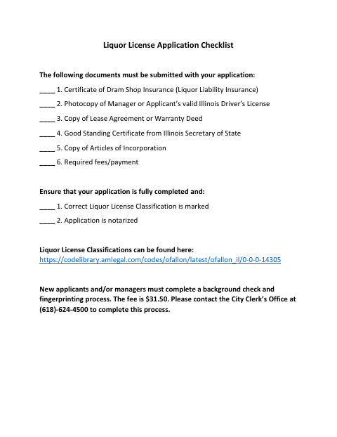 First page of the Liquor License Application and Checklist