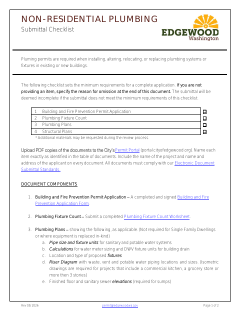 First page of the Non-Residential Plumbing Submittal Checklist