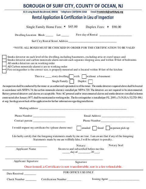 First page of the Rental Certificate and Liability Insurance Applications