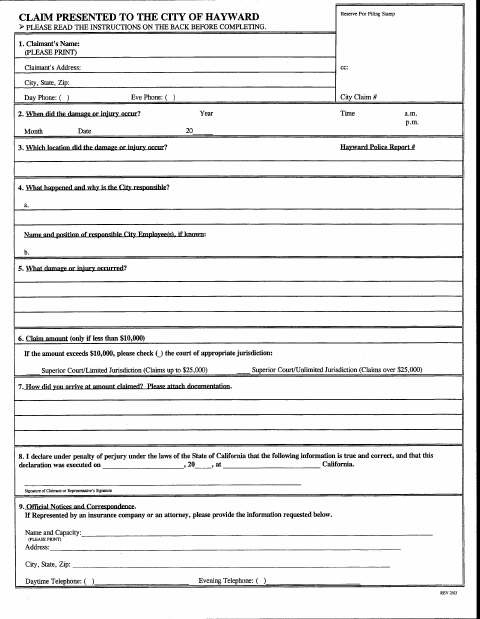 First page of the Claim Presented to the City of Hayward