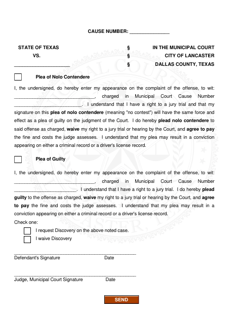 First page of the Municipal Court Plea Form